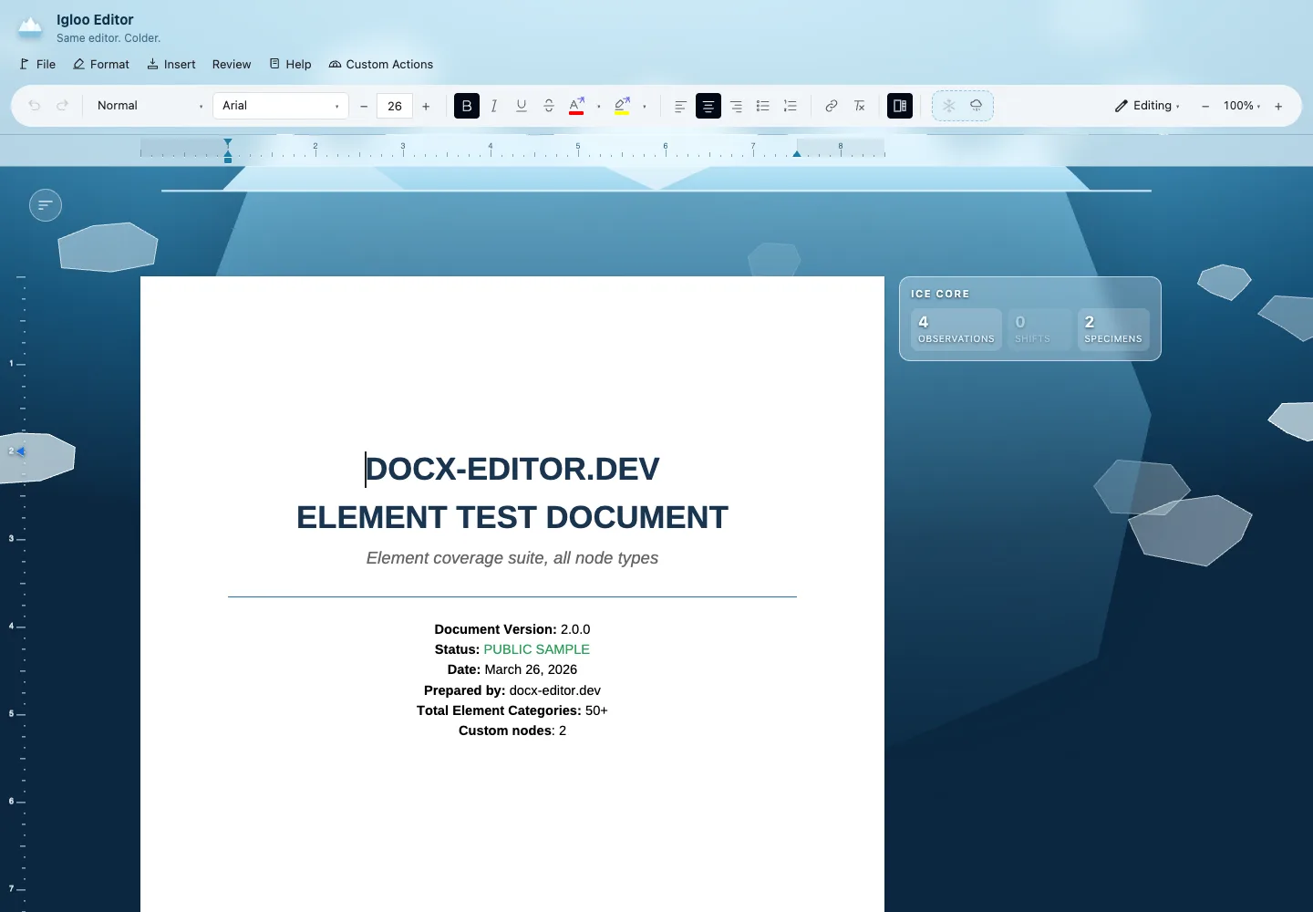 Igloo editor with a blue toolbar and an ice-themed document workspace