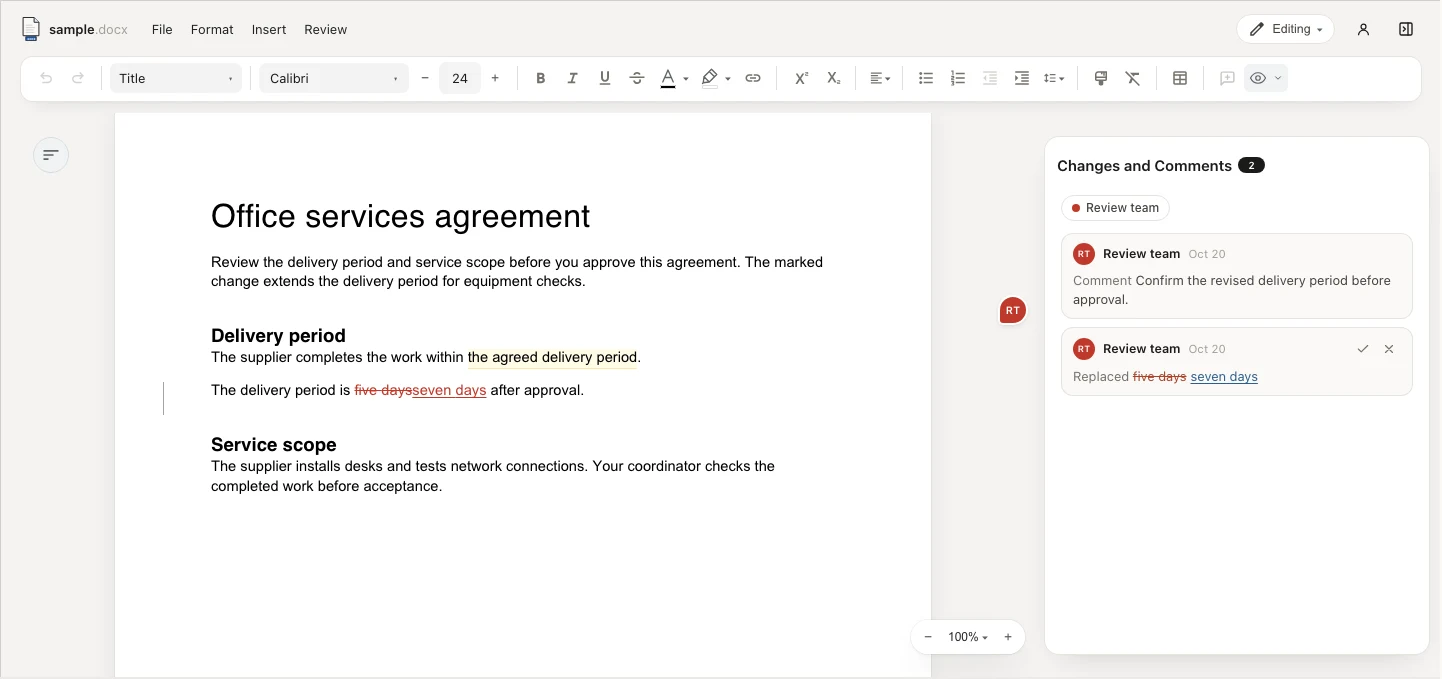 The docx-editor MCP plugin showing a contract with tracked changes and a comment panel